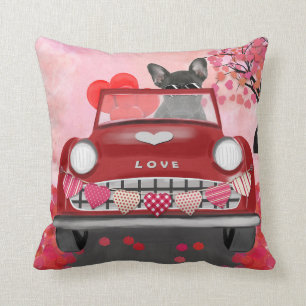 French Bulldog Car with Hearts Valentine's Cushion