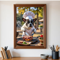 French Bulldog Chef Grills Steak