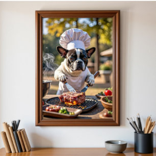 French Bulldog Chef Grills Steak Poster