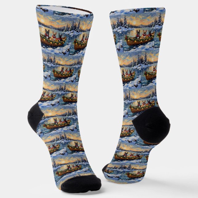 French Bulldog Christmas Boat Holiday Socks (Angled)