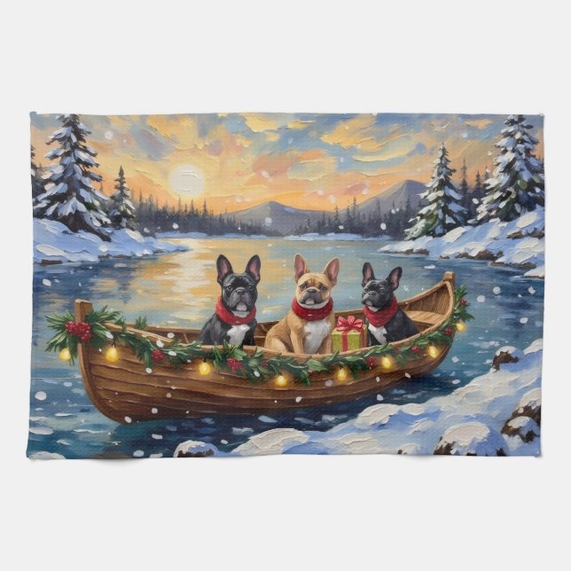 French Bulldog Christmas Boat Holiday Tea Towel (Horizontal)