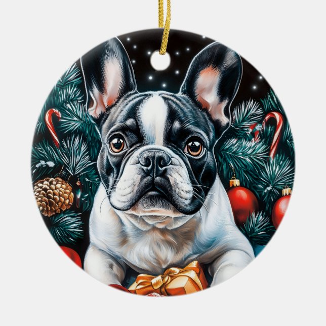 French Bulldog Christmas Ceramic Ornament (Front)