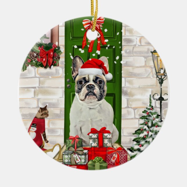 French Bulldog Christmas  Ceramic Ornament (Front)