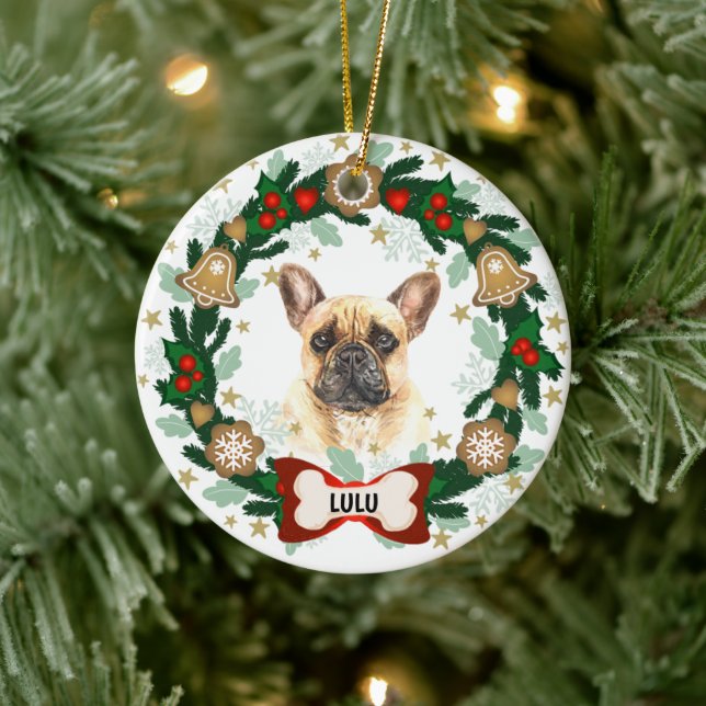 French Bulldog Christmas Cute Dog Cookie Wreath Ceramic Ornament (Tree)