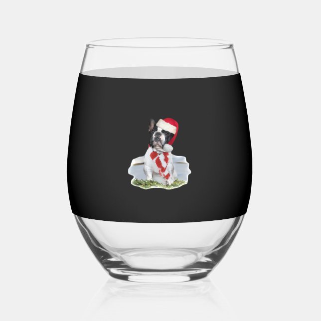 French Bulldog Christmas Day Holidays Gifts Classi Stemless Wine Glass (Front)