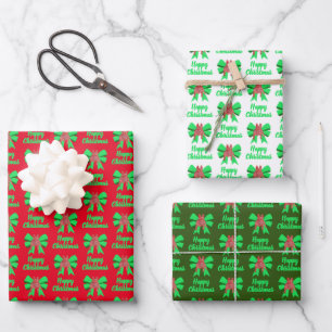 French Bulldog Christmas Dog & Green Bow 3 Colour Wrapping Paper Sheet
