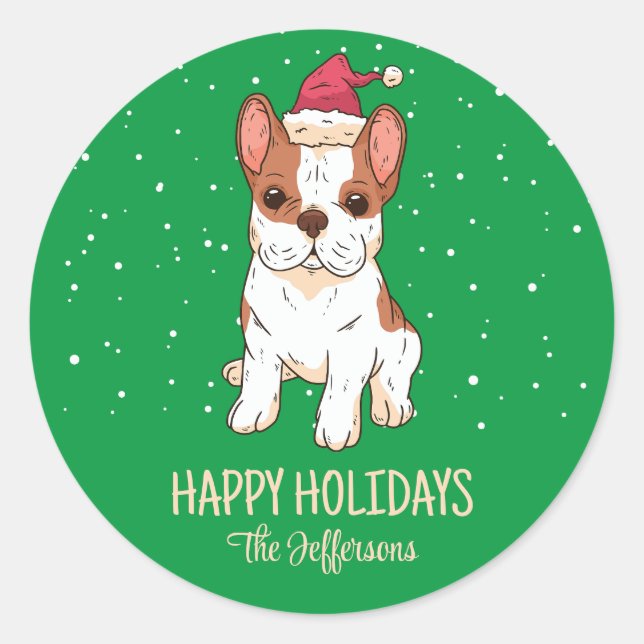 French Bulldog Christmas Dog Snowy Winter Holiday Classic Round Sticker (Front)