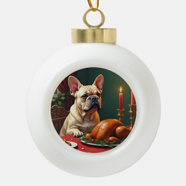 French Bulldog Christmas Eve Feast Painting Ceramic Ball Christmas Ornament (Front)