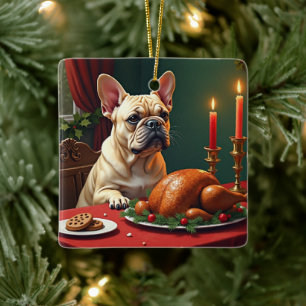 French Bulldog Christmas Eve Feast Painting Ceramic Ornament