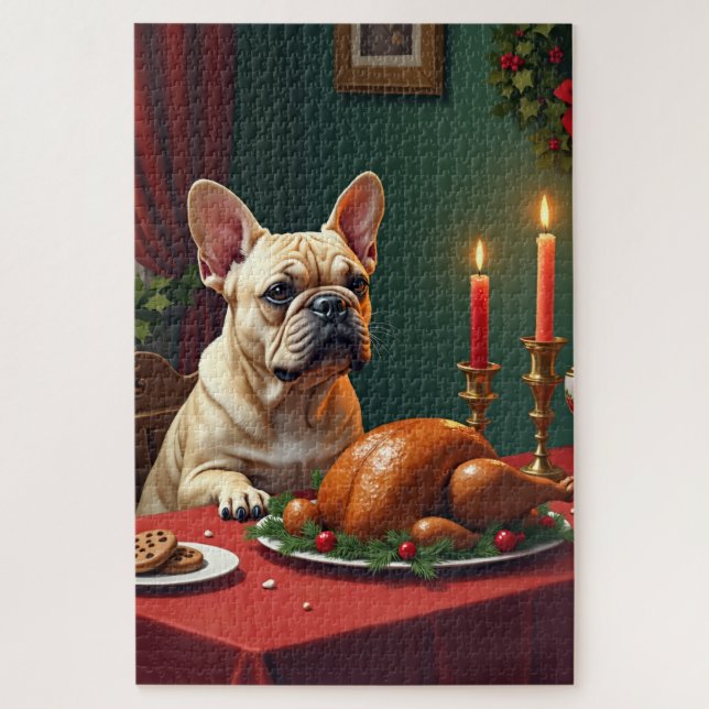 French Bulldog Christmas Eve Feast Painting Jigsaw Puzzle (Vertical)