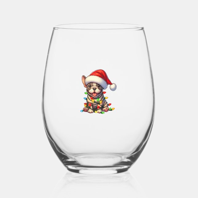 French Bulldog Christmas Lights Santa Hat Boys Gir Stemless Wine Glass (Front)