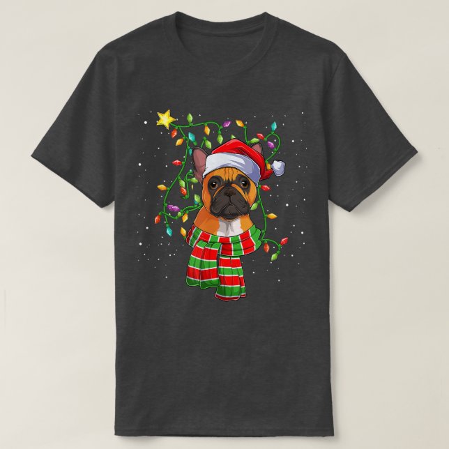 French Bulldog Christmas Lights Santa Hat Dog Owne T-Shirt (Design Front)