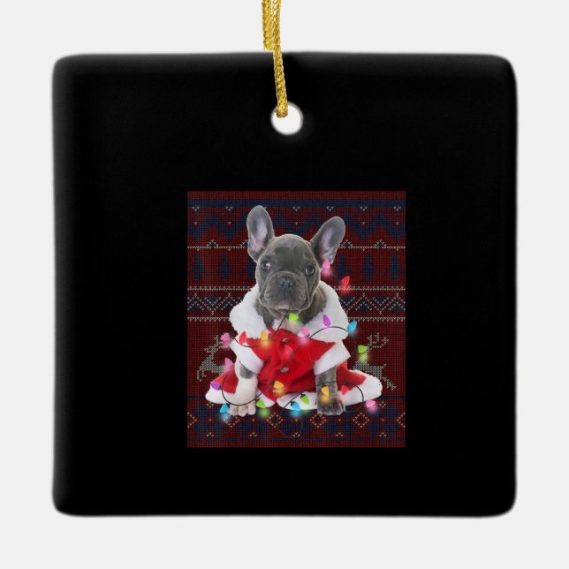 French Bulldog Christmas Lights Ugly Sweater Dog Ceramic Ornament (Front)