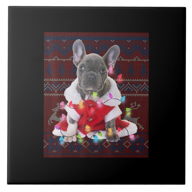French Bulldog Christmas Lights Ugly Sweater Dog Ceramic Tile (Front)