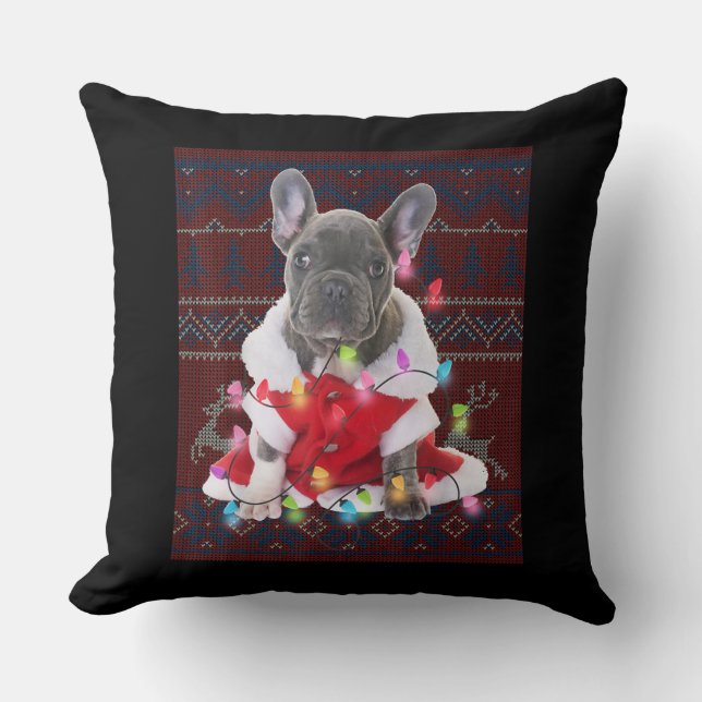 French Bulldog Christmas Lights Ugly Sweater Dog Cushion (Front)