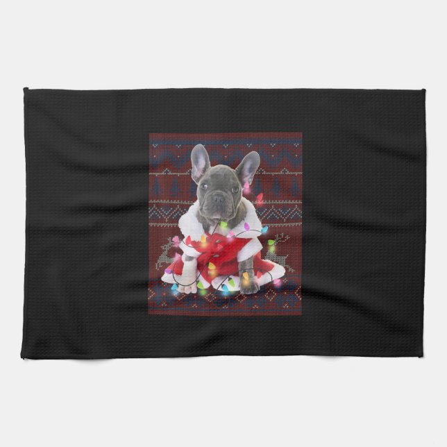 French Bulldog Christmas Lights Ugly Sweater Dog Tea Towel (Horizontal)