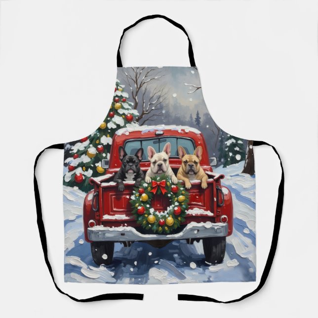 French Bulldog Christmas Red Truck Holiday Apron (Front)