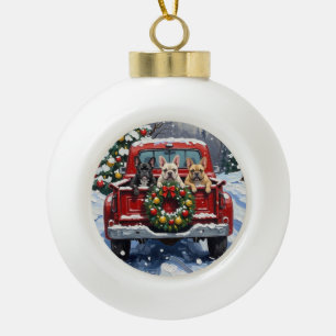 French Bulldog Christmas Red Truck Holiday Ceramic Ball Christmas Ornament