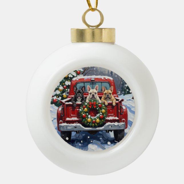 French Bulldog Christmas Red Truck Holiday Ceramic Ball Christmas Ornament (Front)