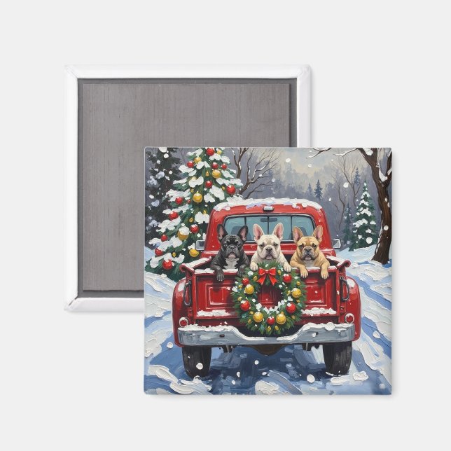 French Bulldog Christmas Red Truck Holiday Magnet (Front/Back)