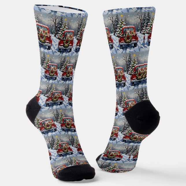 French Bulldog Christmas Red Truck Holiday Socks (Angled)