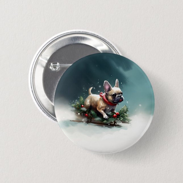 French Bulldog Christmas snow winter  6 Cm Round Badge (Front & Back)