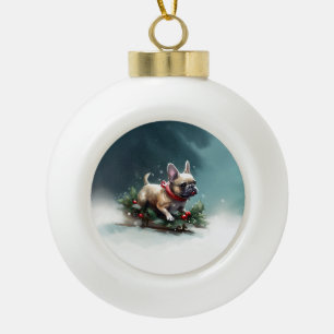 French Bulldog Christmas snow winter Ceramic Ball Christmas Ornament