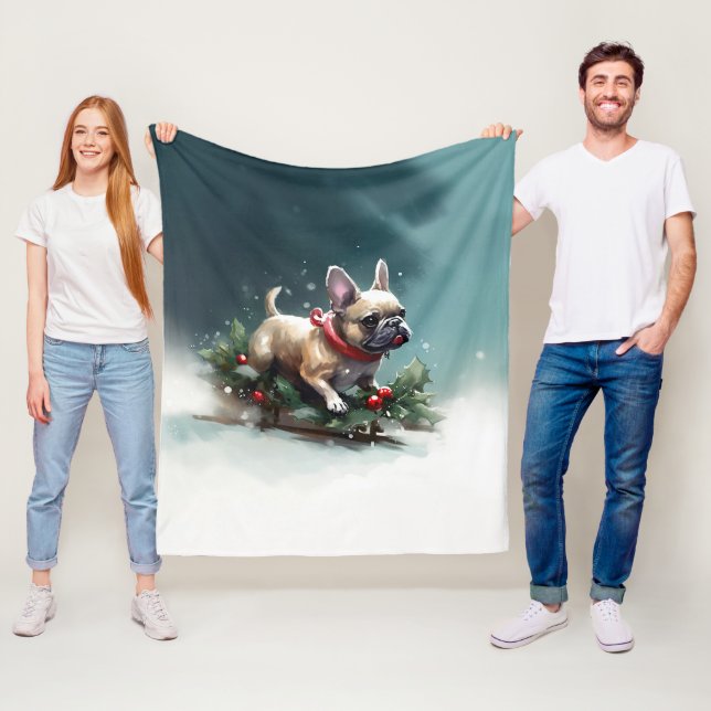 French Bulldog Christmas snow winter  Fleece Blanket (In Situ)
