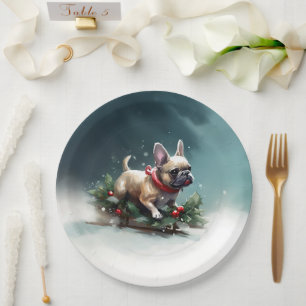 French Bulldog Christmas snow winter  Paper Plate