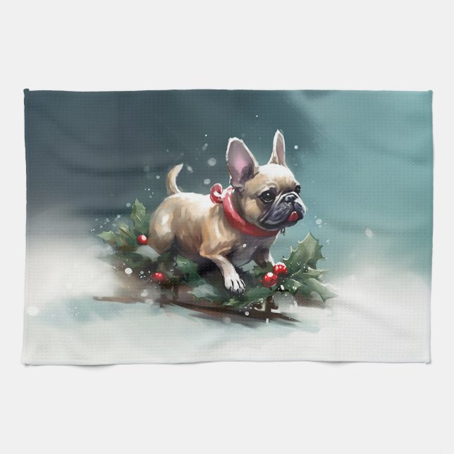French Bulldog Christmas snow winter  Tea Towel (Horizontal)