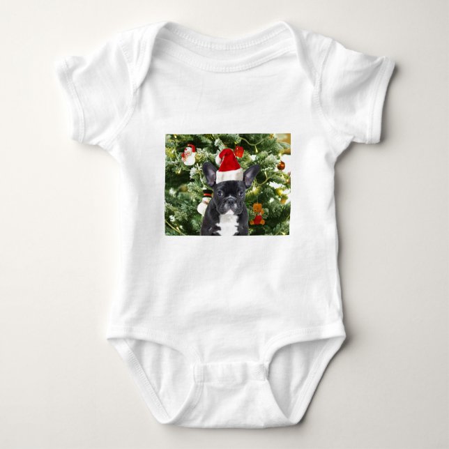French Bulldog Christmas Tree Ornaments Snowman Baby Bodysuit (Front)