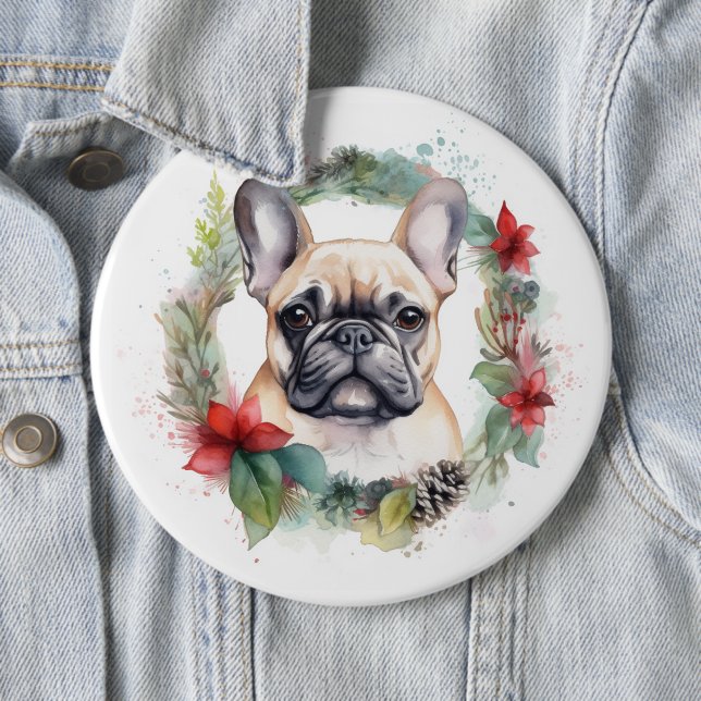 French Bulldog Christmas Wreath Festive Pup 6 Cm Round Badge (In Situ)