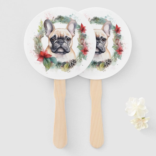 French Bulldog Christmas Wreath Festive Pup Hand Fan (Front and Back)