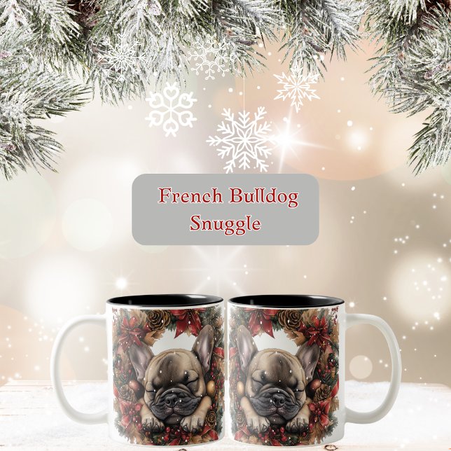 French Bulldog Christmas Wreath Two-Tone Coffee Mug (Cute French Bulldog Christmas Mug)