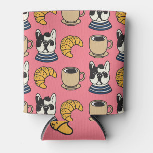 French bulldog, coffee, croissant theme. can cooler