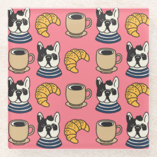 French bulldog, coffee, croissant theme. glass coaster