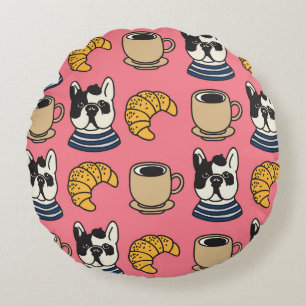 French bulldog, coffee, croissant theme. round cushion