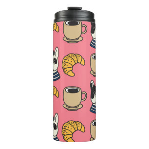 French bulldog, coffee, croissant theme. thermal tumbler