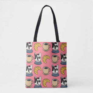 French bulldog, coffee, croissant theme. tote bag