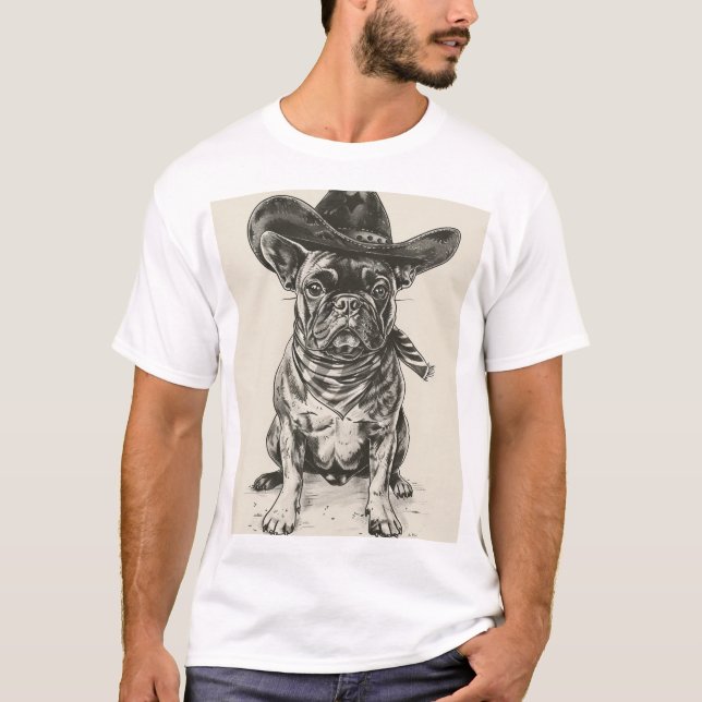 French Bulldog Cowboy Hat Retro Ink Design T-Shirt (Front)