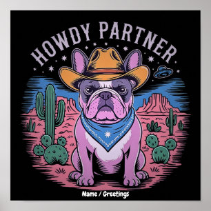 French Bulldog Cowboy UFO Funny Vintage Western  Poster