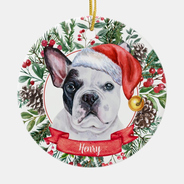 French Bulldog Custom Dog Santa Christmas Ornament (Front)