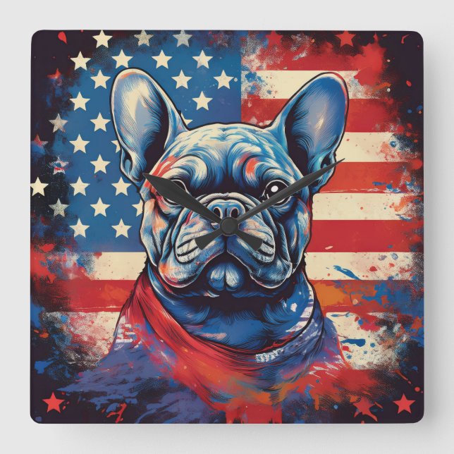 French Bulldog & Distressed American Flag Square Wall Clock (Front)