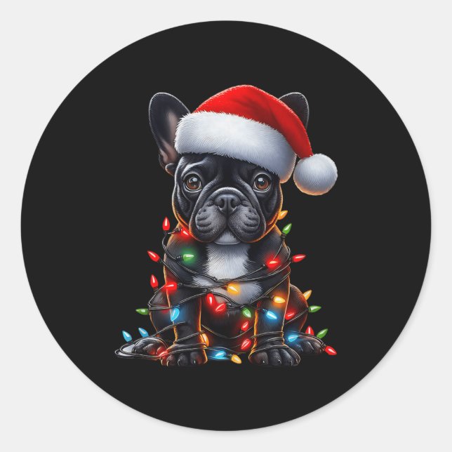 French Bulldog Dog Christmas Lights Santa Hat Dog  Classic Round Sticker (Front)