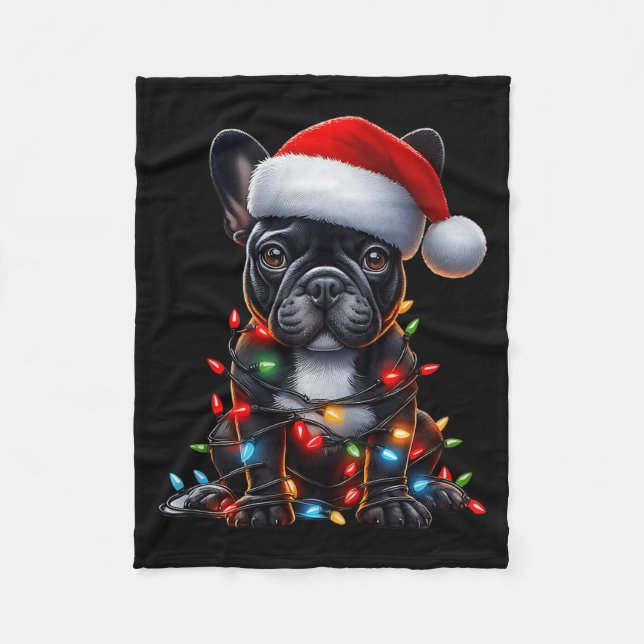 French Bulldog Dog Christmas Lights Santa Hat Dog  Fleece Blanket (Front)