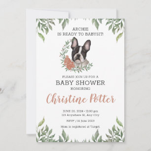 French Bulldog Dog Girl Boho Greenery Baby Shower Invitation