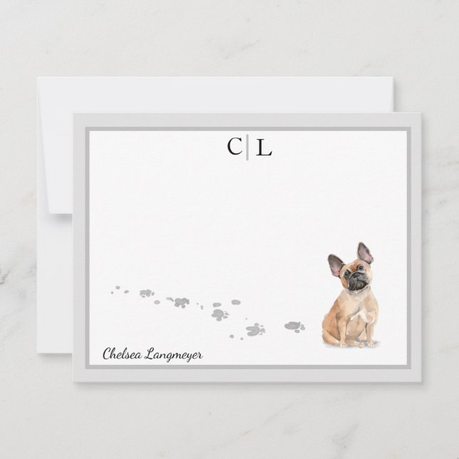 French Bulldog Dog Grey Border Monogram & Name Card (Front)