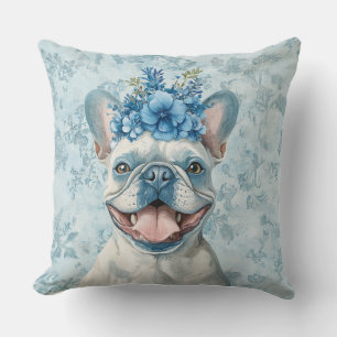 French Bulldog Dog Lover Blue Floral Cushion