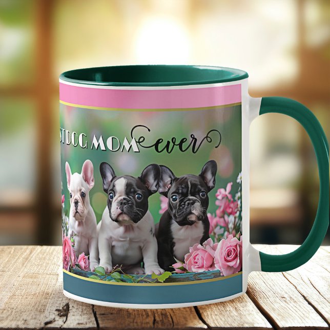 French Bulldog Dog Lover  Coffee Mug (Mug featuring a painting of 3 French Bulldogs with pink roses. A great gift for a dog mom.)
