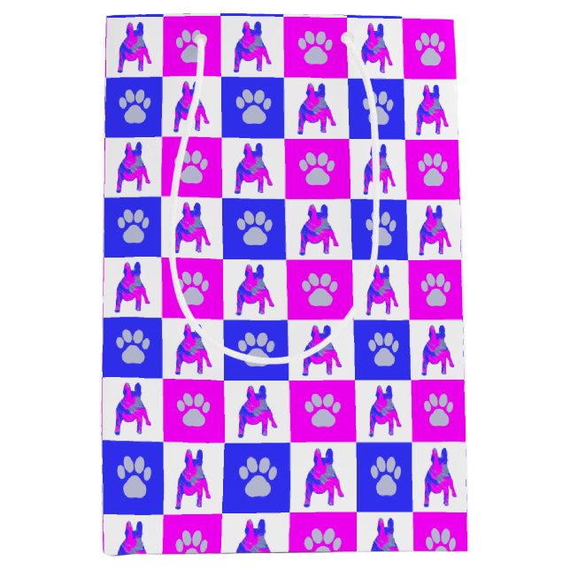 French Bulldog Dog & Paw Hot Pink & Blue Medium Gift Bag (Front)